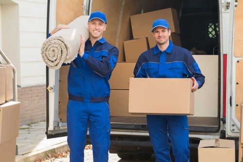 Removal van loading boxes in Mayfair street